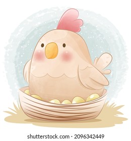 happy hen character with eggs in the nest for farming