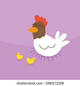 happy hen with her chicks. Vector child illustration 