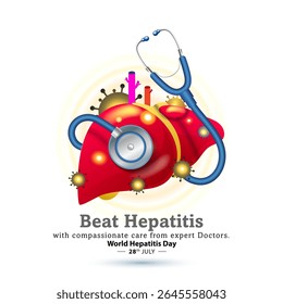 Feliz Dia da Hepatite. Estetoscópio médico com tema de conscientização de saúde hepática humana e campanha para o Dia Mundial da Hepatite.