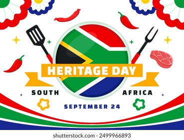 Happy Heritage Day Südafrika Vektorgrafik für den 24. September mit einer wehenden Flagge, die afrikanische Kultur und Traditionen auf ebenem Hintergrund ehrt