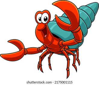 Happy Hermit Crab Cartoon Character In A Shell Waving For Greeting. Vector Hand Drawn Illustration Isolated On White Background