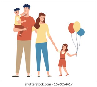 Happy heterosexual  family with kids spend time together. Child sits in the arms of dad, happy girl with balloons. Characters isolated on white background. Stock vector illustration in flat style.