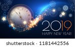 Happy Hew 2019 Year! Clock, Fileworks, Lights and Bokeh Effect. Vector illustration