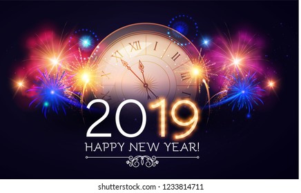 Happy Hew 2019 Year! Clock, Fileworks, Lights and Bokeh Effect. Vector illustration