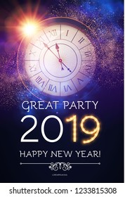 Happy Hew 2019 Year! Clock, Fileworks, Lights and Bokeh Effect. Vector illustration