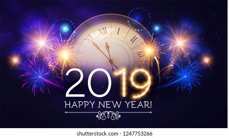 Happy Hew 2019 Year! Clock, Fileworks, Lights and Bokeh Effect. Vector illustration Happy Hew 2019 Year! Clock, Fileworks, Lights and Bokeh Effect. Vector illustration