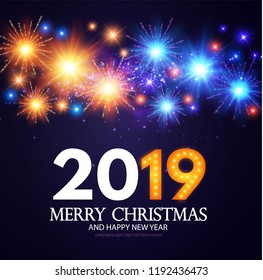 Happy Hew 2019 Year! Fileworks, Lights and Bokeh Effect. Vector illustration