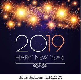 Happy Hew 2019 Year! Fileworks, Lights and Bokeh Effect. Vector illustration