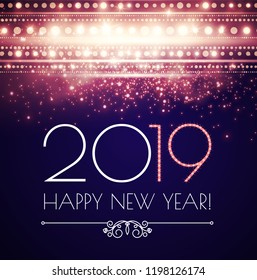 Happy Hew 2019 Year! Fileworks, Lights and Bokeh Effect. Vector illustration