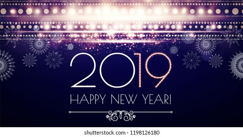 Happy Hew 2019 Year! Fileworks, Lights and Bokeh Effect. Vector illustration