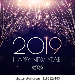 Happy Hew 2019 Year! Fileworks, Lights and Bokeh Effect. Vector illustration