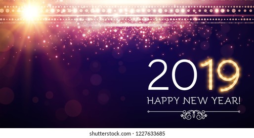 Happy Hew 2019 Year! Fileworks, Lights and Bokeh Effect. Vector illustration