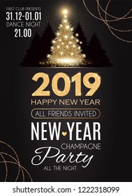 Happy Hew 2019 Year! Gold Shining Christmas Tree. Vector illustration