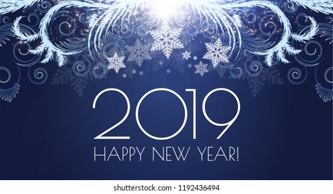 Happy Hew 2019 Year! Shining Holiday Background with Frost Patterns and Lights. Vector illustration