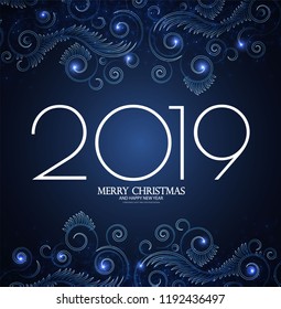 Happy Hew 2019 Year! Shining Holiday Background with Frost Patterns and Lights. Vector illustration