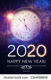 Happy Hew 2020 Year! Clock, Fileworks, Lights and Bokeh Effect.