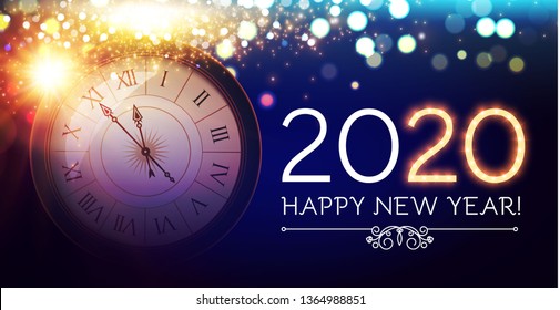 Happy Hew 2020 Year! Clock, Fileworks, Lights and Bokeh Effect.