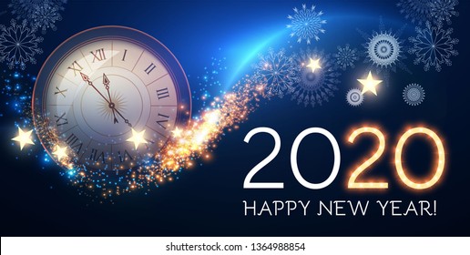 Happy Hew 2020 Year! Clock, Fileworks, Lights and Bokeh Effect.