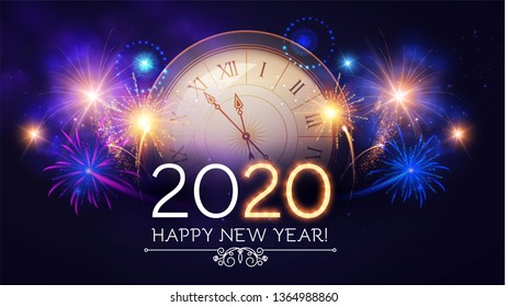Happy Hew 2020 Year! Clock, Fileworks, Lights and Bokeh Effect.