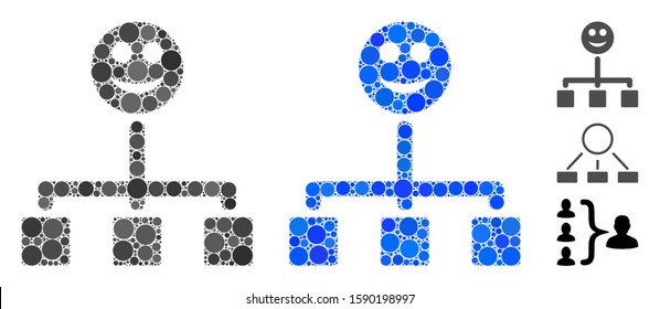 Happy hierarchy mosaic of circle elements in variable sizes and color tones, based on happy hierarchy icon. Vector round elements are composed into blue mosaic.
