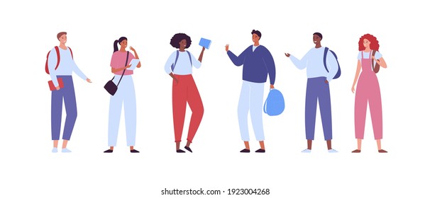 Happy high school student concept. Vector flat creative student character illustration. Diverse multiethnic boy and girl teenager group in casual fashion outfit. Asian, caucassian and african ethnic.