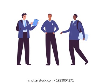 Happy high school student concept. Vector flat creative student character illustration. Diverse multiethnic male boy group in uniform with book and backpack. Asian, hispanic and african ethnic.