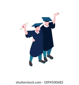 Happy high school students at graduation ceremony 3d isometric vector illustration