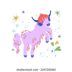 Happy Highland cattle, hand drawing cute highland cow, cheerful icon, card design. Vector illustration