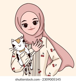 happy hijab girl is holding cat   muslim woman and kitty
