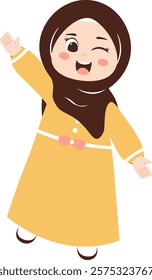 Happy Hijab Girl in Yellow Dress Illustration