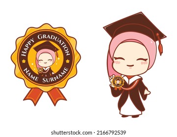 Happy Hijab Kids Girl Character Graduation With Gold Medal Name Text Template 