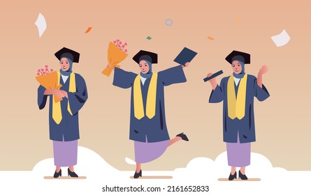 happy hijab woman in graduation gown is holding education certificate and flower