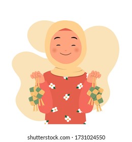 Happy hijab woman showing ketupat on both hands for ramadan mubarak eid al fitr holiday. Flat style vector design