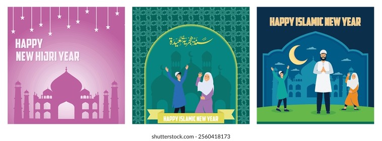 Happy Hijri New Year Greeting Card. A Muslim Family. Crescent Moon and Mosque background. Set lat vector modern illustration