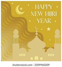 Happy Hijri New Year with mosque silhouette. The crescent moon and stars are on a yellow background. Happy New Hijri Year concept. Flat vector illustration.