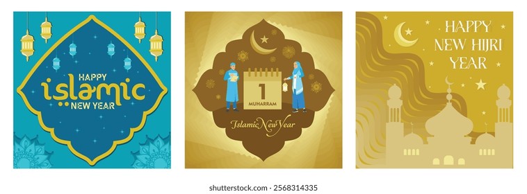 Happy Hijri New Year with mosque silhouette. The crescent moon and stars are on a yellow background. Happy New Hijri Year concept. Set flat vector illustration.