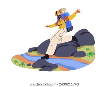 Happy hiker explorer travels. Backpacker adventure in nature. Active man hiking alone with backpack, jumping over river stream outdoors. Flat graphic vector illustration isolated on white background