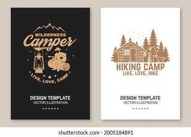 Happy hiker. Live, love, hike. Extreme adventure. Vector Concept for shirt or print, stamp. Flyer, brochure, banner, poster design with hiker, dog, forest cabin and forest silhouette on the night