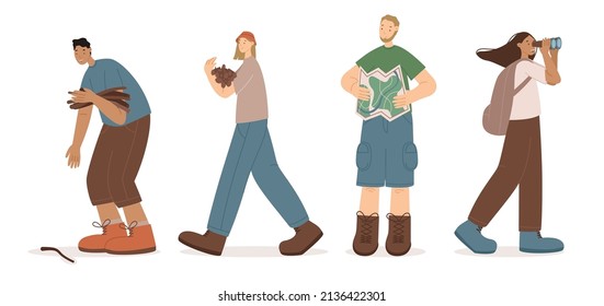 Happy hikers in different poses vector set. Girls and boys are on a hike in the wild. Character concepts in flat style isolated on white background for advertising, web and print