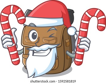 Happy hiking backpack Scroll Cartoon character in Santa with candy