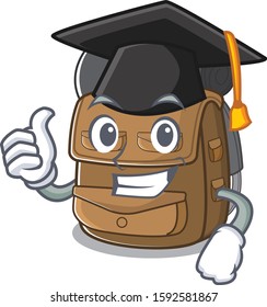happy hiking backpack Scroll wearing a black Graduation hat