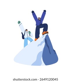 Happy hiking tourists rejoice at climbing on top of snow mountain. People with hands up are at peak of rock celebrate success, mountaineering achievement. Flat isolated vector illustration on white
