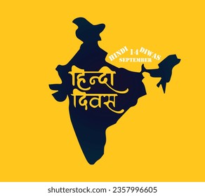 "Happy Hindi Diwas" 14th September. Concept of Indian festival hindi day celebration. Greeting card for Indian Hindi Diwas with book, India map, hindi text, vector illustration, vector design