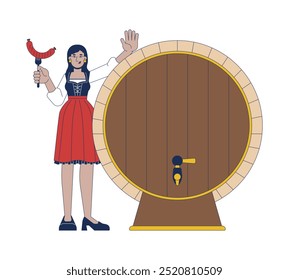 Happy hindu female with grilled sausage near beer barrel 2D cartoon character. South asian female tourist at oktoberfest isolated person flat vector on white background. Spot illustration colorful