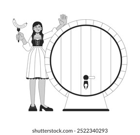 Hembra hindú feliz con salchicha a la parrilla cerca del barril de cerveza carácter de línea 2D blanco y negro. Turista mujer del sur de Asia en oktoberfest persona aislada del contorno del Vector. Ilustración de punto monocromático