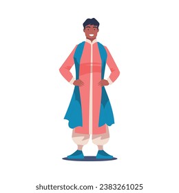 Happy Hindu Man Character in National Costume in Standing Pose Vector Illustration