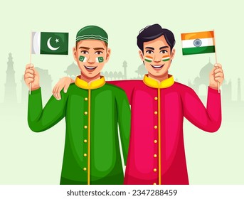 Happy Hindu Muslim kids show unity by holding flags in their hands and hugging together. Concept of diversity, bonding, and multiethnic friendship.