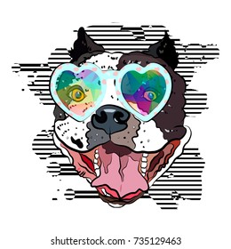 Happy hippie bulldog in cute glasses. Print for your t-shirt. Vector illustration eps 10.