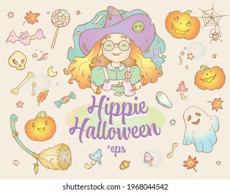 Happy Hippie Halloween Cute Set in Pastel Colors. Vintage Vector. Witch Craft. Little Witch, pumpkin, skull, bones, candies For Halloween design. Card, Fabric Design. Cartoon-style illustrations.