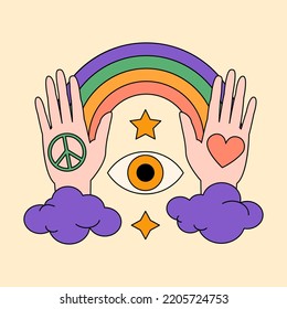 Happy hippie peace symbols. Love peace joy. Groovy 60s 70s sticker. Funky cartoon rainbow, peace, Love, heart, pacific, eye of providence etc. Trendy retro psychedelic style. Good vibes. Stay groovy.